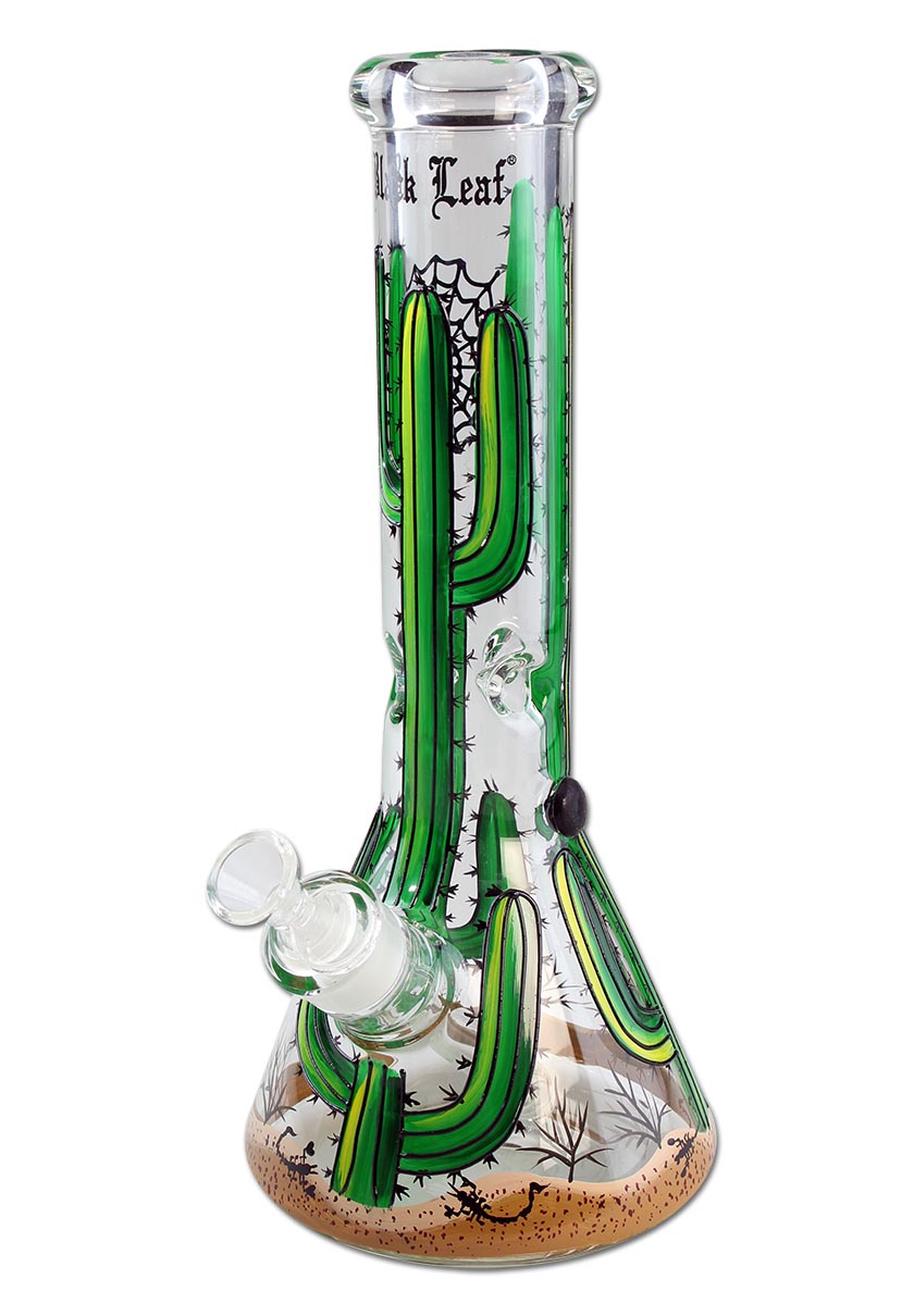 Ice Bong in Vetro Cactus Hand Painted Flask 32cm - Black Leaf